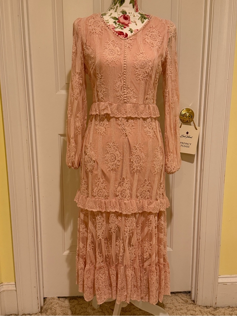 Chicwish Blush Pink Lace Maxi Dress with Ruffles - M
